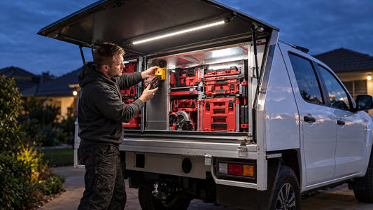 Tradie clipping an 18V battery onto a LockLite battery adapter in a lit ute canopy at dusk