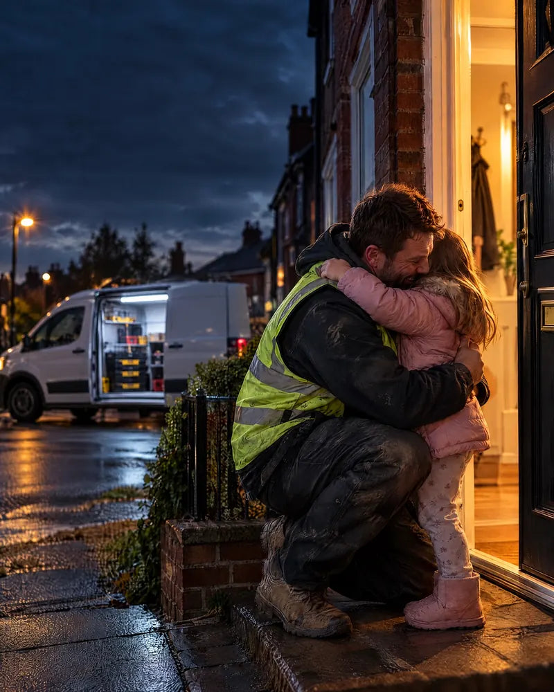 Tradesman home in time to hug his daughter at the front door, lit van behind
