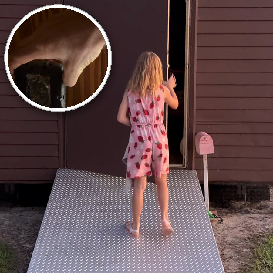 Heading into a backyard shed lit by LockLite, with the 18V battery that powers it