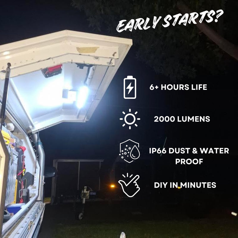 LockLite lighting an open truck canopy before sunrise: 6+ hours, 2000 lumens, IP66